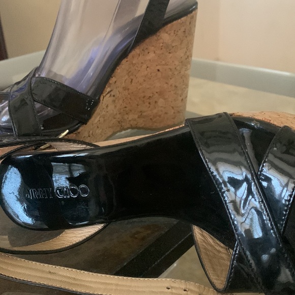 ✨JIMMY CHOO PAPYRUS BLACK PATENT LEATHER CORK WEDGE PLATFORM SANDALS - Picture 9 of 15